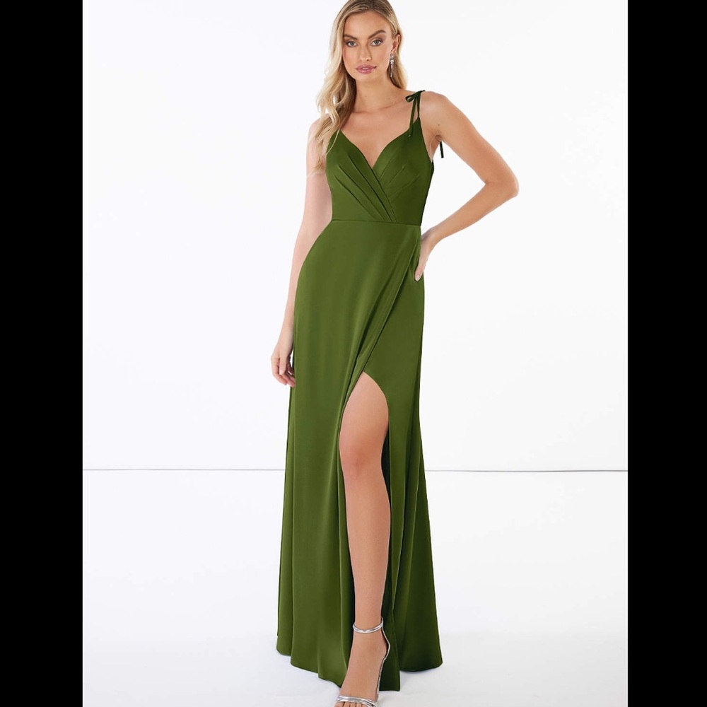 Azazie Olive Green V-Neck Bridesmaid Dress with Side Slit